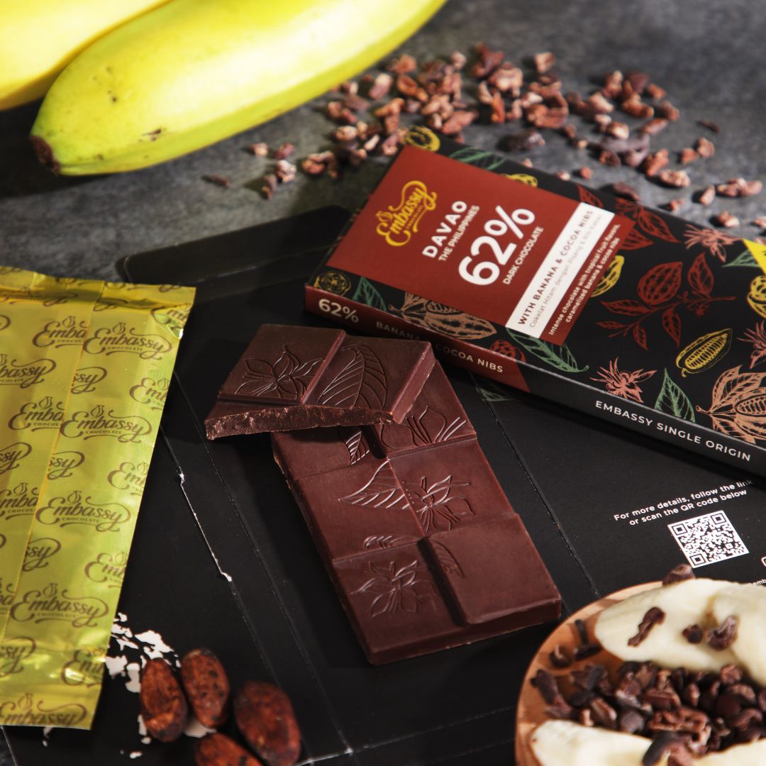 Limited Edition: Embassy Davao single origin ready to eat dark couverture chocolate bar with banana & cocoa nibs