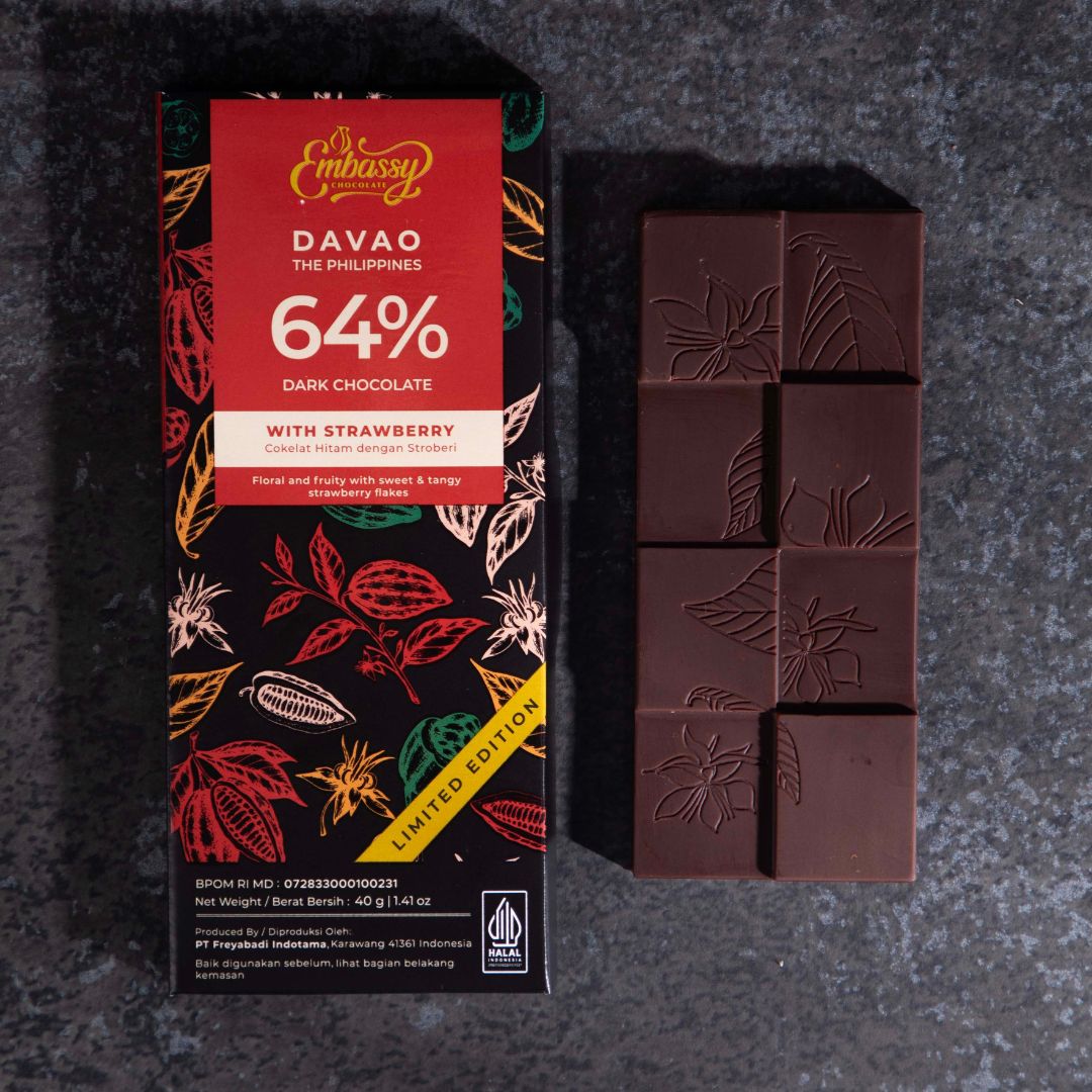 Limited Edition: Embassy Davao single origin ready to eat dark couverture chocolate bar with strawberry