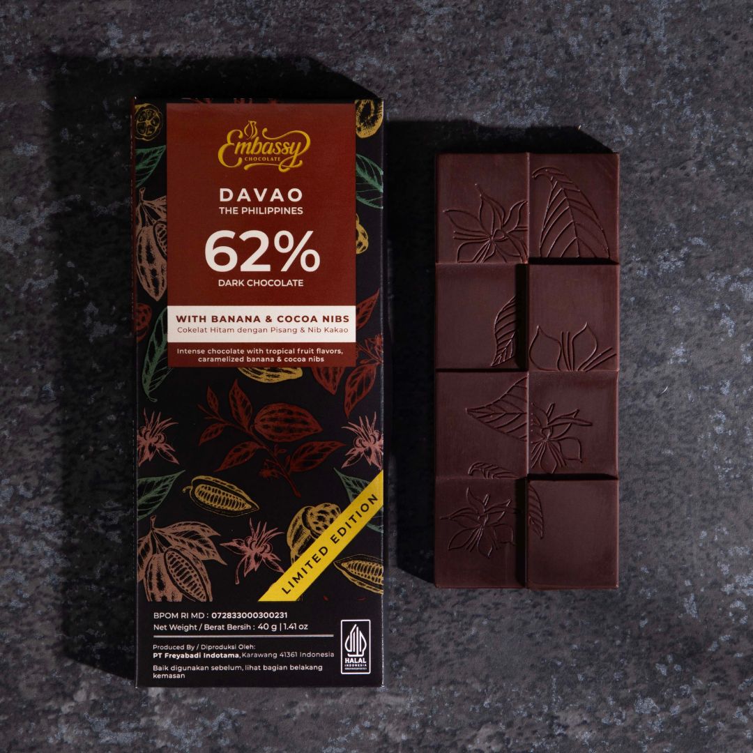 Limited Edition: Embassy Davao single origin ready to eat dark couverture chocolate bar with banana & cocoa nibs