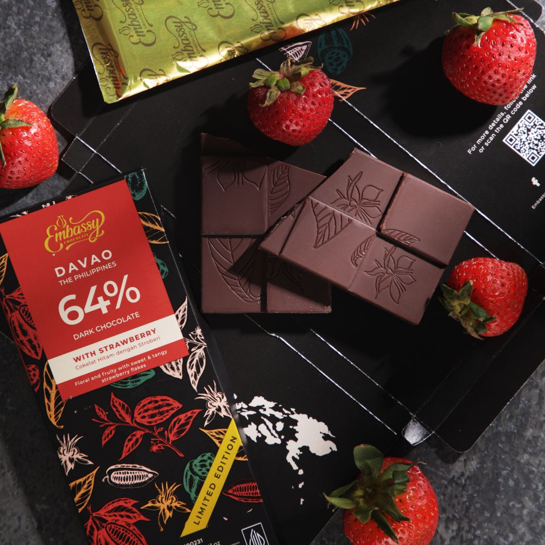 Limited Edition: Embassy Davao single origin ready to eat dark couverture chocolate bar with strawberry