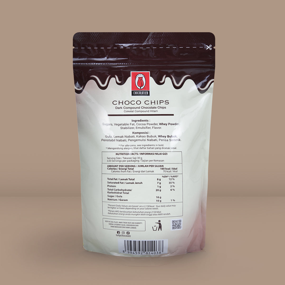 Back of package view of Tulip Choco Chips 1kg (SKU: 8994592014038)