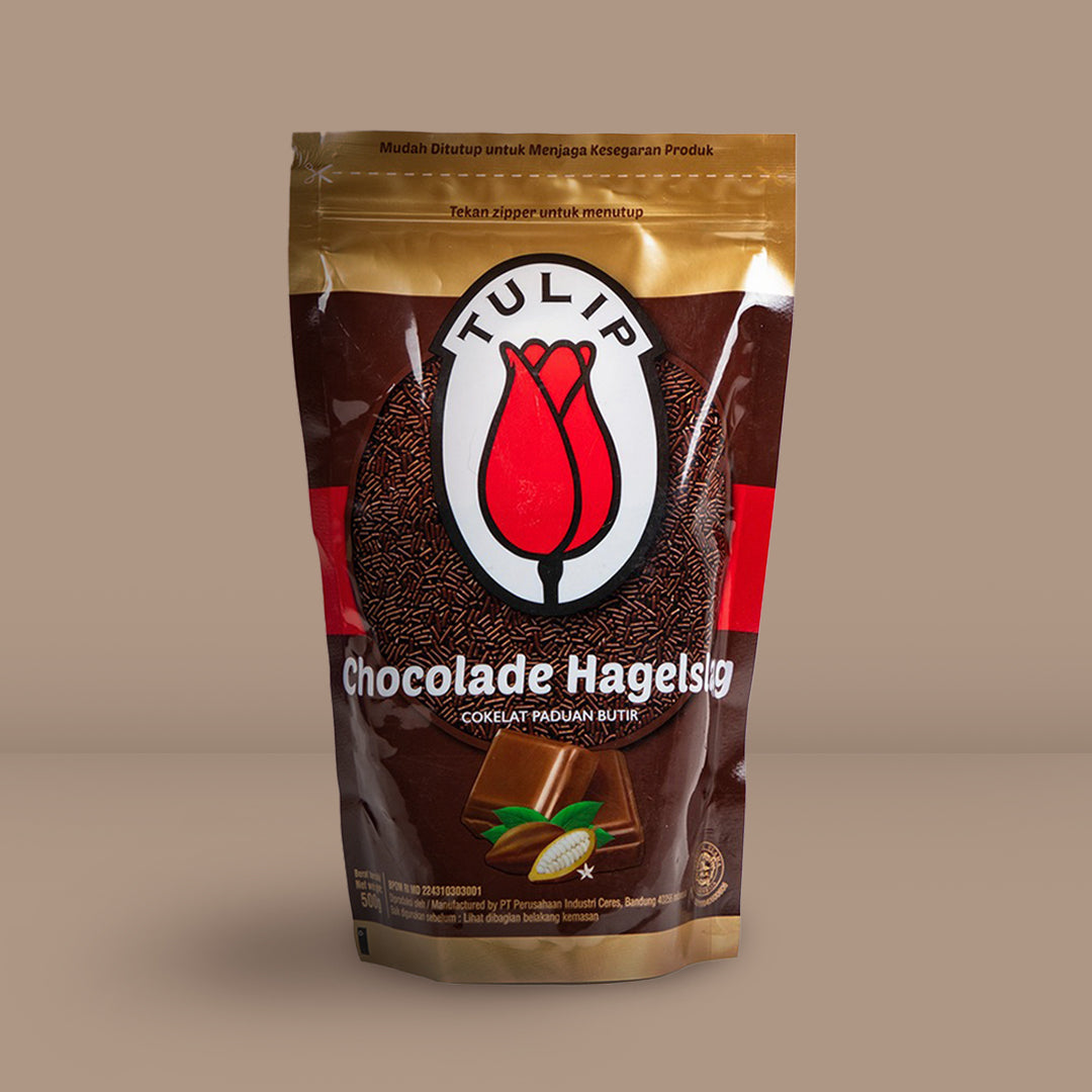 Package view of Tulip Chocolade Hagelslag Mesis 500g (SKU: 8991001302700)